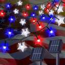 2 Pack Solar Powered Outdoor Patriotic Star String Lights, 100 LED 33 FT Each July 4th Decorative Lights, 8 Lighting Modes, Waterproof for Independence Day Party Patio Garden Decor, Red White & Blue