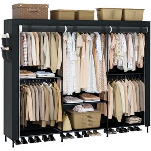 Portable Closet, 81.5 Inch Extra Large Capacity Wardrobe Closet with Cover, Clothes Storage Organizer with Shelves and 5 Hanging Rods, Easy to Assembly, Black PCT136B01 (81.5"L x 17.7"W x 78"H)