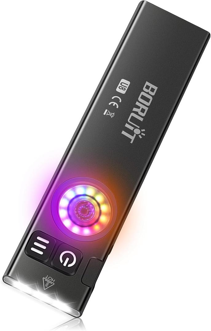 BORUIT U8 Small Flat EDC Flashlight,650 Lumens USB-C Rechargeable Pocket Flash Light with White, Yellow & RGB LEDs, IP67 Waterproof, Magnetic Tail & Clip for Camping, Hiking, Emergencies