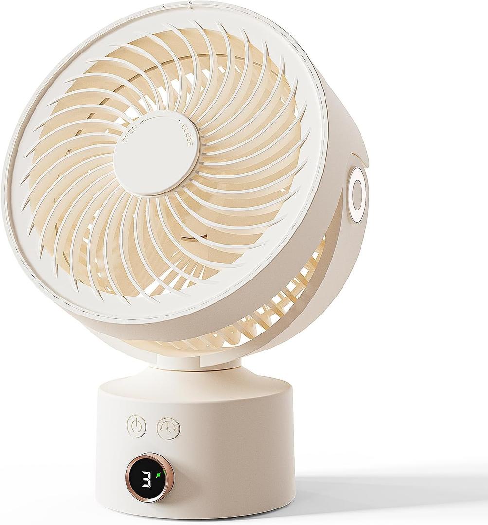 CARONSORT Desk Small Oscillating Fan for Bedroom, 9 Inch Table Fans Quiet,Desk Air Circulator Fan with 3 Speeds, 4H Time, Rechargeable Fan for Office/Dorm/Room-Beige