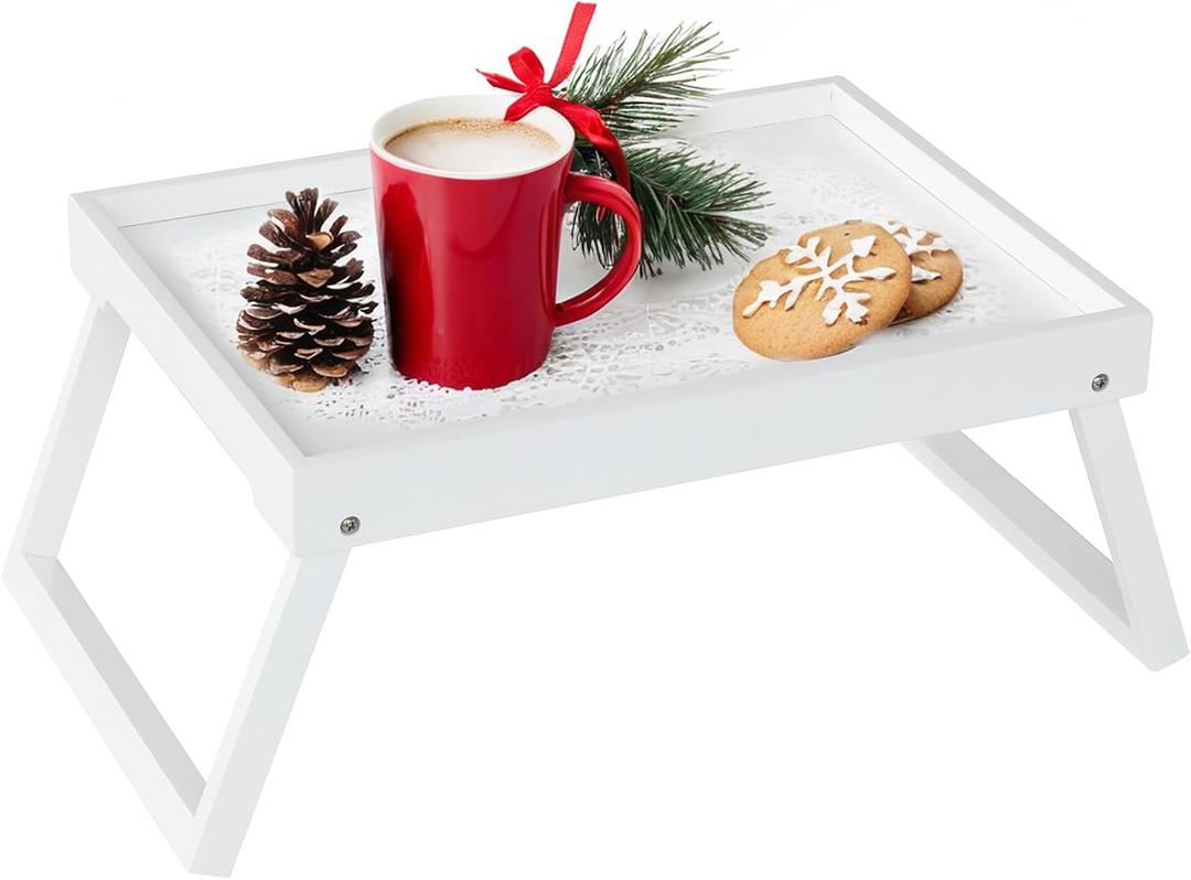 Bamboo Bed Tray for Breakfast with Folding Leg, Breakfast Trays for Eating, Bed, Sofa, Bed, Snacking or Working, Laptop Desk Snack Tray (White)