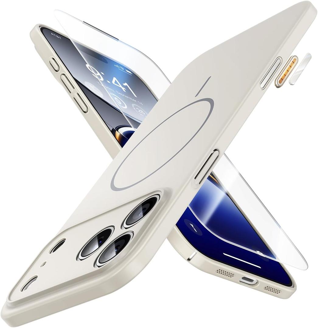 JUESHITUO Magnetic Slim Fit Case for iPhone 17 Pro(6.3"), Ultra Thin Matte Anti-Scratch Hard PC Cover(1X Screen Protector), OriginFit Case iPhone 17 Pro Compatible with MagSafe, Creamy White