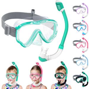 Vvinca Snorkeling Gear for Kids Dry Top Kids Snorkel Set for Boys Girls Junior Youth Children Age 4-14 Swim Goggles with Nose Cover Anti-Fog Panoramic View Adjustable Elastic Diving Mask and Snorkel