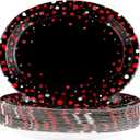 50 Pcs Black and Red Oval Plates 10" x 12" Large Graduation Party Plates Disposable Heavy Duty Red Dot on Black Paper Plates for Congrats Grad Holiday Fiesta Wedding Birthday Party Decorations