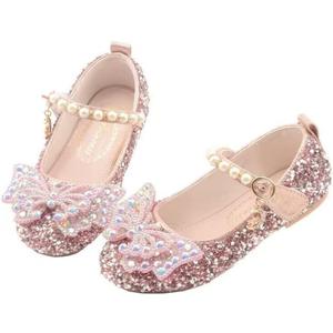 Girls Sparkle Princess Dress Shoes Bow Wedding Party Flower Bridesmaids Mary Jane Ballet Flats for Kid Toddler (Pink)
