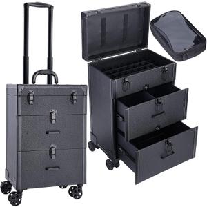 Frenessa Rolling Nail Case - Wheeled Vegan Leather Manicure Storage Organizer for Nail Technicians, Cosmetologists, and Stylists