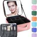 SUILU Makeup Bag with Led Mirror,with 3 Color Setting,Portable Storage and Adjustable Dividers Travel Makeup Bag, for Women and Makeup Artists Large Vanity Makeup Cases-Pink