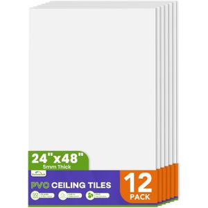 6Pcs 2ft x 4ft PVC Drop Ceiling Tiles, White Smooth Ceiling Panels 24x48in, Moisture Proof Fire-Rated Easy to Clean Reusable, No Sag No Breakage