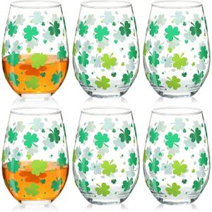 Maxcheck 6 Pack 18 oz St Patrick's Day Wine Glasses Green Shamrock Drinking Stemless Cup Red and White Wine Tumbler for Homes and Bars for Party Supplies Gifts