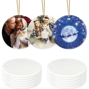 2 x Sublimation Ceramic Ornaments, Round Porcelain Discs, Bulk Blanks for DIY Heat Press, Personalized Xmas Tree Ornament, White (12, Round)