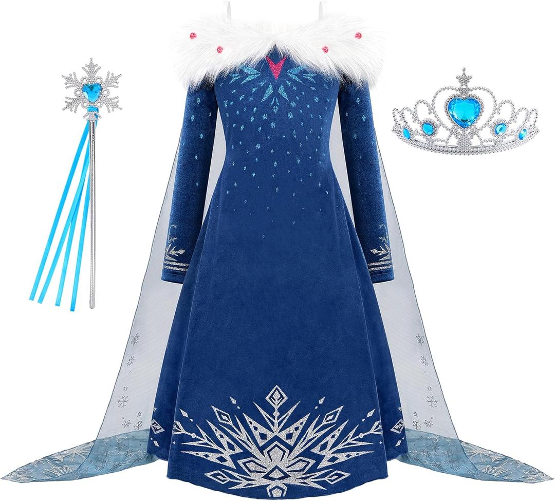 Princess Costume for Girls Halloween Dress Snow Cosplay Christmas Birthday Party Dress Up Outfit Blue (4(120))