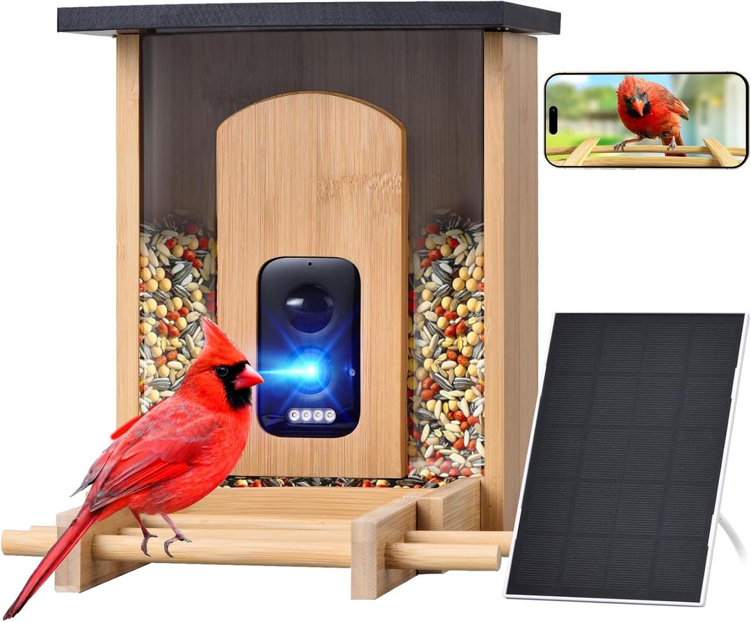 Smart Bird Feeder Camera, AI Bird Recognition, Solar 2K HD, 2.4GHz WiFi | AI bird recognition for 16000+ species, motion alerts,night vision,easy refill,bamboo build,stable 2.4GHz WiFi smart feeder