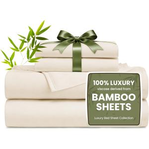 4 Piece King Sheet Set, 100% Rayon Derived from Bamboo, Cooling & Breathable, Soft Silky Deep Pocket up to 16", Hotel Luxury Bedding for Hot Sleepers, Beige