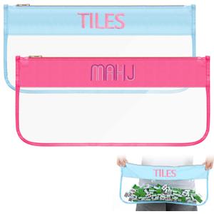 2 Pcs Empty Mahjong Tile Bag 20.9 x 9.45 Inch American PVC Clear Mahjong Case Size 166 Waterproof Zippered Storage Tile Holder Rack Bag for Game Lover Gift Travel, Case Only(Blue,Rose Red)