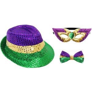 Fumwase 3Pcs Mardi Gras Costumes Accessories Set Sequin Mask Hat Bow Tie for Men Women Mardi Gras Outfit for Halloween Party (Green)