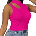 LovelyWholesale Crop Tops for Women Sexy Cut Out Tops Mock Neck Tank Top Hot Pink Medium (Pink, M)