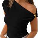 ZESICA Women's 2026 Summer Off Shoulder Tops Going Out Sexy Y2k Shirts Spring Cap Sleeve Ruched Asymmetrical Blouses, Size M