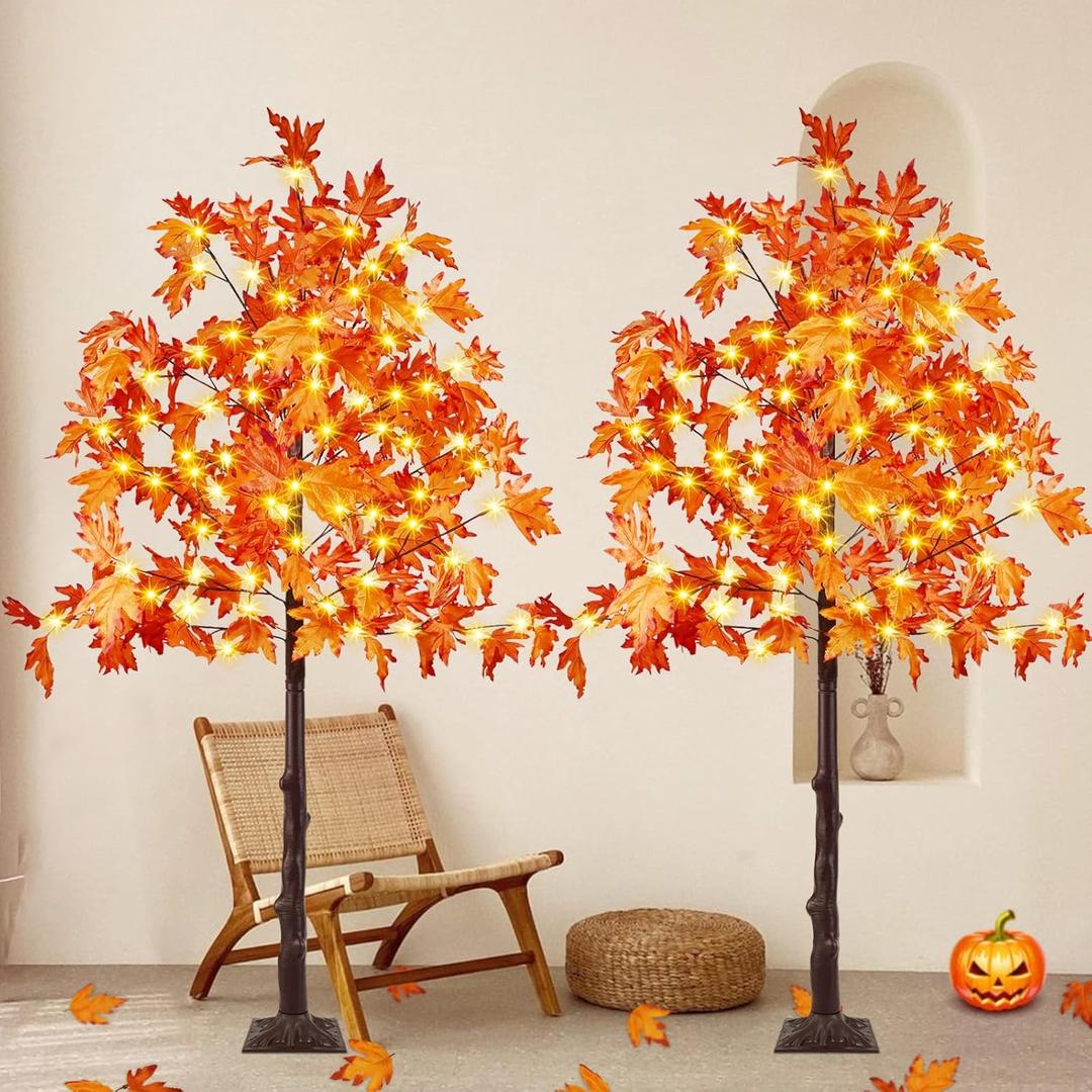 2 Pack 5FT Artificial Lighted Maple Tree, Halloween Decor Artificial Tree with Timer, 200 LED Warm White Light up Fall Maple Tree for Indoor Outdoor Thanksgiving Autumn Home Party Decoration, Orange 2 Pack 5FT Artificial Lighted Maple Tree, Halloween Decor Artificial Tree with Timer, 200 LED Warm White Light up Fall Maple Tree for Indoor Outdoor Thanksgiving Autumn Home Party Decoration, Orange