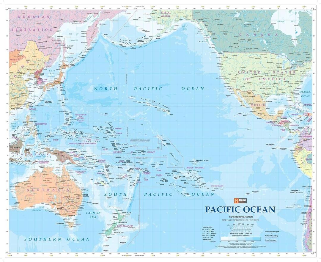 Pacific Ocean Wall Map - 34" x 27.75" Laminated