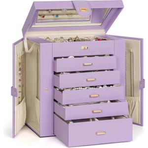AKOZLIN Extra Large 6-Tier Jewelry Box Organizer Functional Huge, 5 Drawers Leather Jewelry Storage Case for Women Girls Ring Necklace Earring Bracelet Holder Organizer with Mirror Violet