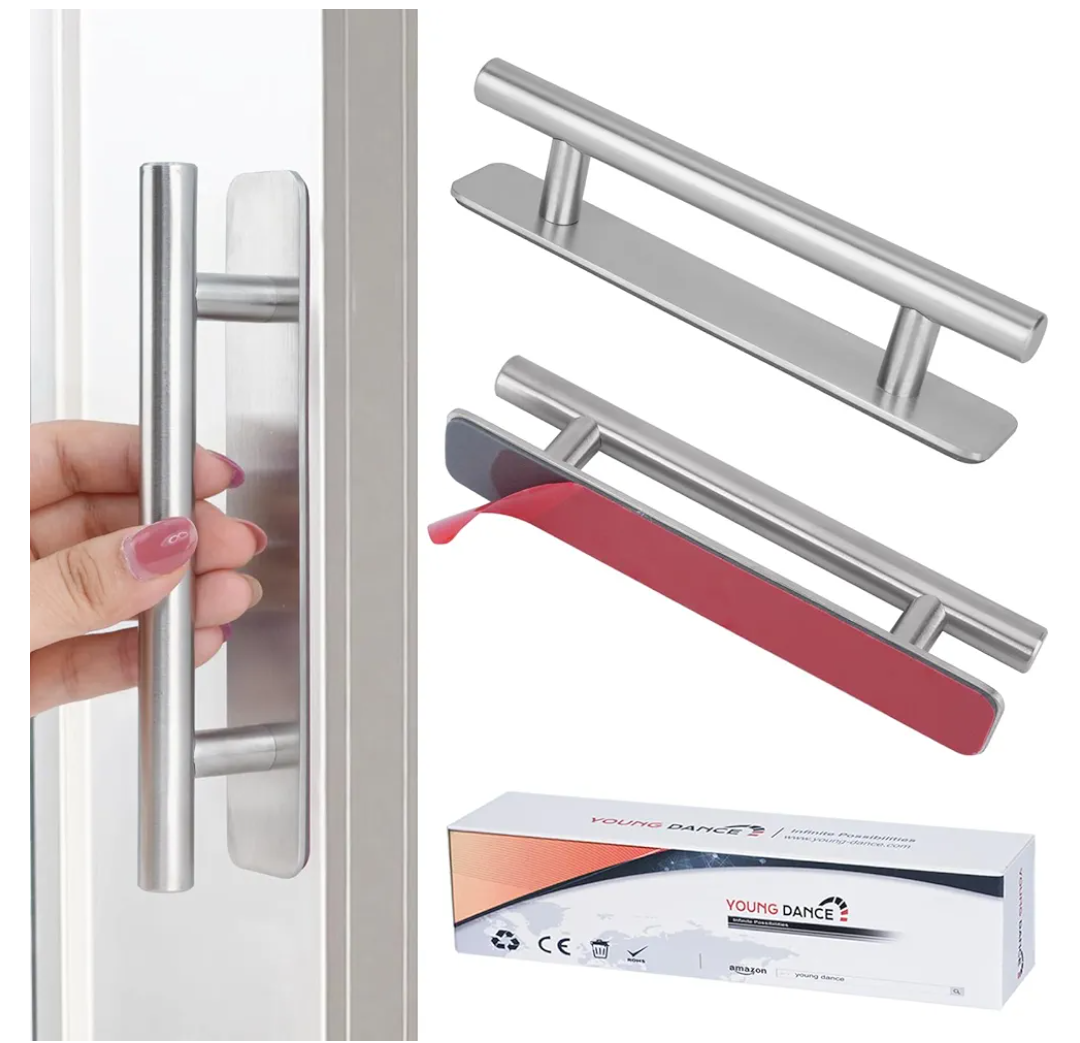 Self-Stick Instant Cabinet Drawer Handles Pulls - 5" Stainless Steel Adhesive Door Handles, No Drilling Design, Stick On Handle for Cabinets, Drawer, Door, Window, Wardrobe Handle - 2 Pack