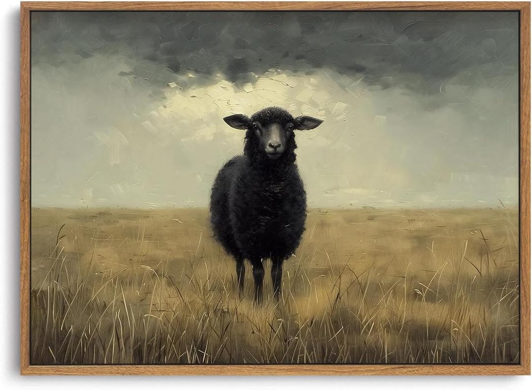 ZZLWBKGL Vintage Black Sheep Framed Wall Art Moody Animal Canvas Wall Art Country Landscape Pictures Decor Farmhouse Cottagecore Art Prints Living Room Study Bedroom (24"L x 16"W)