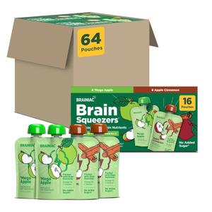 Brainiac Applesauce Variety Pack Pouches, Apple & Apple-Cinnamon, Unsweetened Applesauce with Vitamin C, Omega-3s & Choline, 64 Count, 3.2 oz, BBD 11/08/2025
