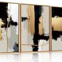 Abstract Black Gold Framed Canvas Wall Art Set,Modern Minimalist Black White Wall Decor,Neutral Color Block Line Art Print for Living Room,Bedroom,Dining Room,Office-24 x36 x3