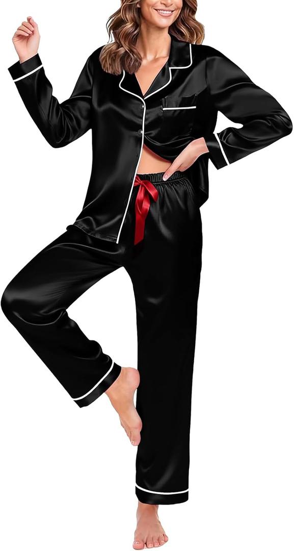Womens Silk Satin Pajama Sets Long Sleeve,2 Piece Sleepwear with Button Down Top and Pants, Soft Loungewear (Medium, Black)