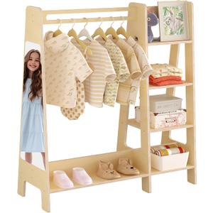 Kids Dress Up Storage with Mirror, Kids Closet with 5 Hanger and Stickers, Opening Hanging Costume Closet Wardrobe for Kids Opening Hanging Costume Closet Wardrobe for Boys and Girls