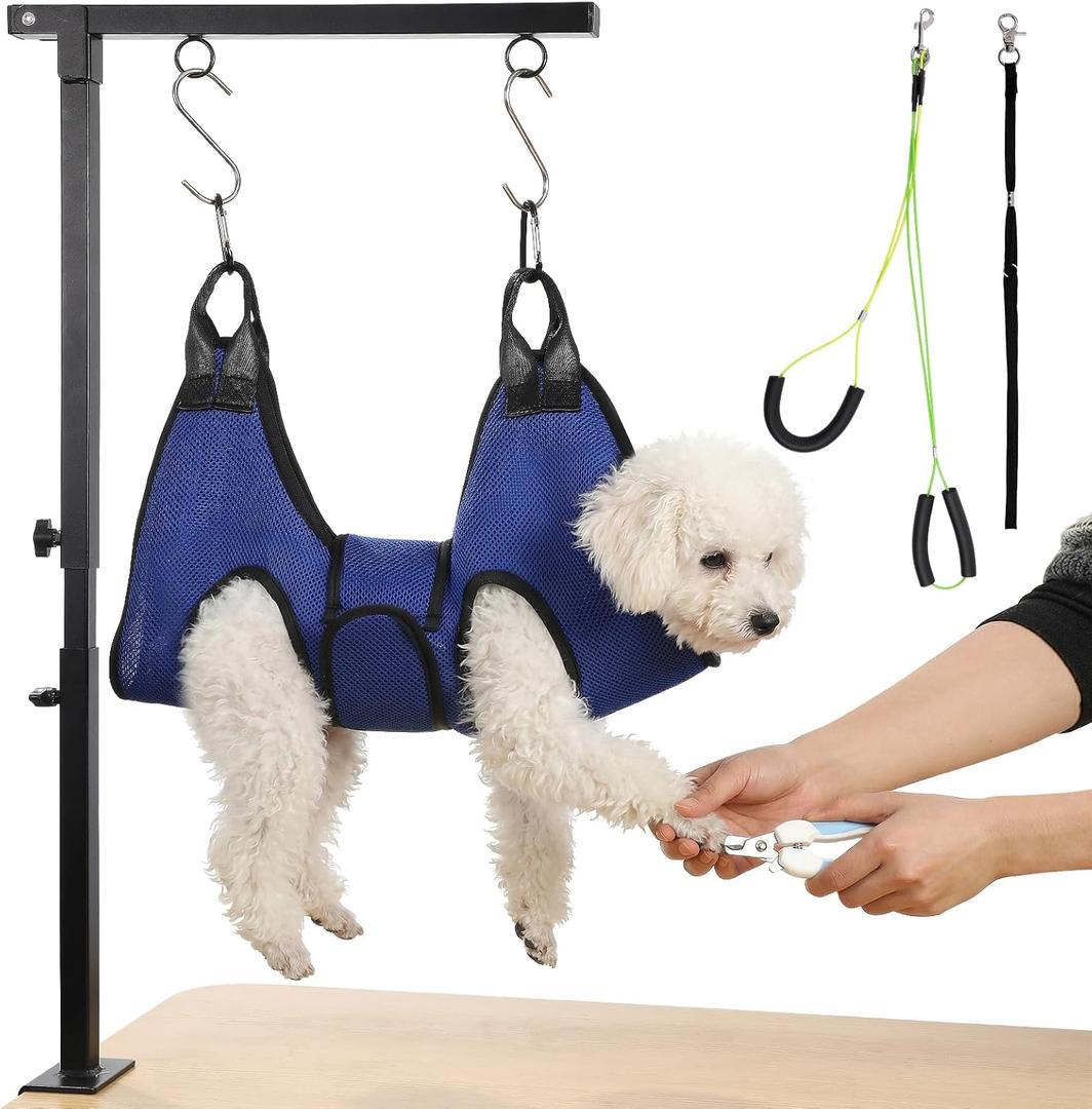 ondware Dog Grooming Arm with Dual-Spiral Clamp, Adjustable Height 27-37 inch, Dog Grooming Table Arm with Hammock, Groom Restraint for Small Medium Dogs at Home or Salon