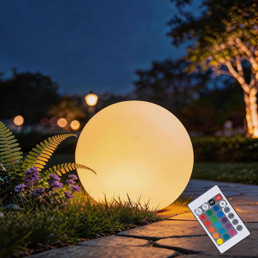 10 Inch Ball Light, Outdoor Glow Globe Light with Remote Control, LED Solar Gazing Ball Night Light 16 Modes RGB Color Changing, Waterproof Solar Globe for Garden Yard Pathway Decor