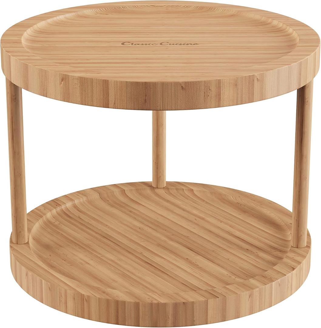 Classic Cuisine Lazy Susan  All-Natural Bamboo Round Two Tier Turntable Kitchen, Pantry and Vanity Organizer and Display with 10 Inch Diameter