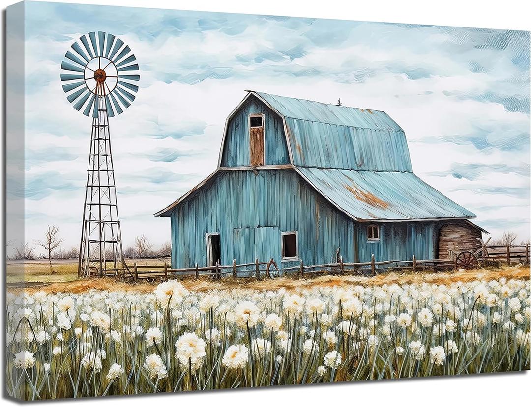 QIXIANG Turquoise Barn Canvas Wall Art Rustic Teal Old Barn and Windmill Flowers Painting Prints for Kitchen Home Decor Framed (16.00" x 24.00")