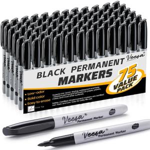 Permanent Markers Bulk, Fine Tip, 75 Pack Black Permanent Markers, Quick Drying, Water- & Fade-Resistant, Used on Wood Plastic Paper Metal