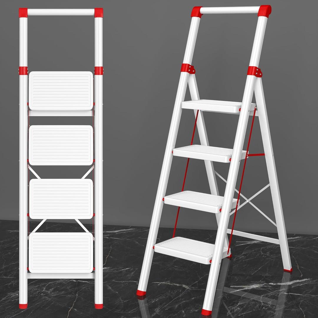 4 Step Ladder, DIAMONDFORGE Folding Step Stool with Wide Anti-Slip Pedal, Anti-Slip Feet and Handgrip, Sturdiest Steel Construction, Steel Ladder for Home, White Red