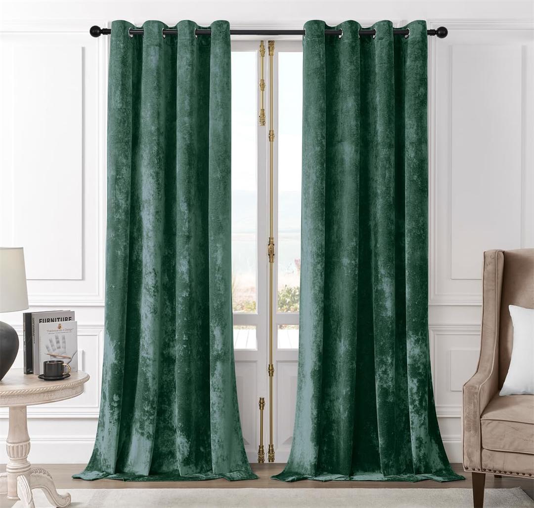 SMILETIME Forest Green Crushed Velvet Grommet Curtains 52x108 inch Luxurious Thermal Insulated Soundproof Drapes for Living Room Office Soft and Durable Light-Filtering Window Treatments, 2 Panels