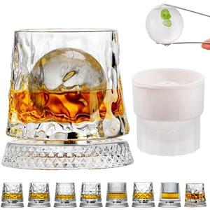 360 Degree Rotating Whiskey Glass Set with Ice Ball Mold, Crystal Clear Bourbon Scotch Glassware for Men, Fun & Novelty Gifts (Pattern 4)