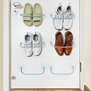 6 Pack Wall Mounted Shoe Rack with Sticky Hanging Strips, Wall Shoe Rack for RV camper, Small Space Shoes Holder for Door Shoes organizer Shelf No Drilling, Blue
