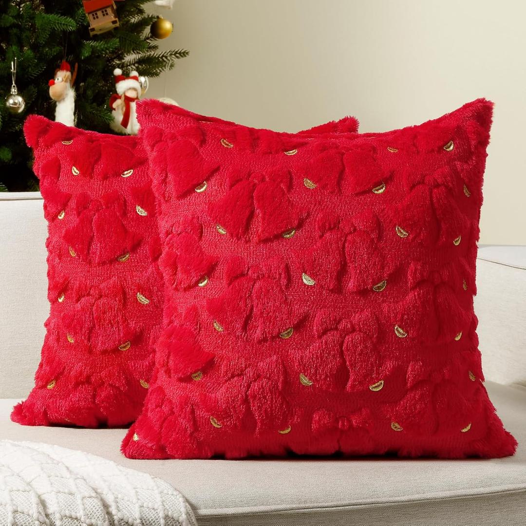 Softalker Christmas Throw Pillow Covers 18 x 18 Inch Set of 2, Xmas Winter Bell Faux Fur Cushion Covers, 3D Embroidered Pillow Cases for Couch Bedroom Living Room Decor, Red