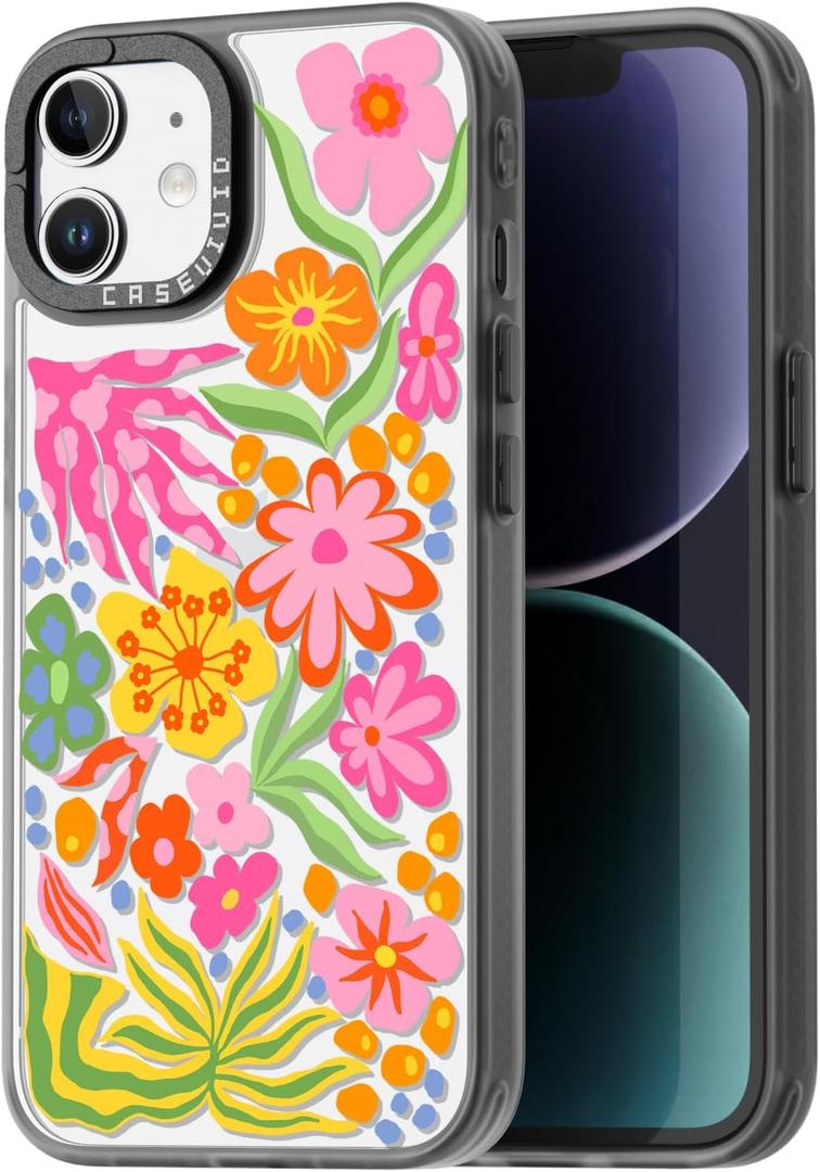 Compatible for iPhone 12 Case Cute Aesthetic - Durable Fashion Funny Phone Case - Girly Passion Flower Pattern Print Cover Design for Woman Girl 6.1 inches Black