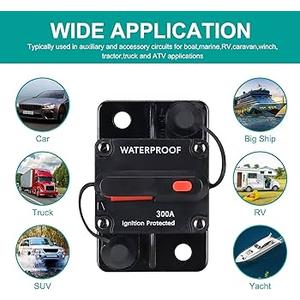 Bolipoeq 300Amp Circuit Breaker DC 12V-48V for Marine Boat Trolling Motor Automotive RV Trailer Car Solar System Battery Disconnect with Manual Reset Switch, IP67 Waterproof 1 Pack