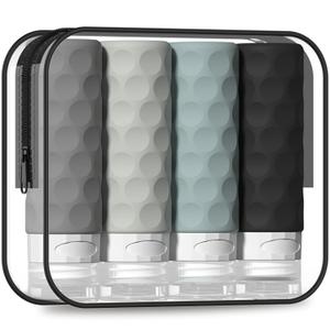 Travel Bottles for Toiletries, 4pcs Tsa Approved 3oz Travel Size Containers, BPA Free Leak Proof Premium Silicone Bottles, Refillable Liquid Squeezable Accessories W/Toiletry Bag (Gray)