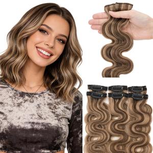 Hairro Body Wave Clip In Short Hair Extensions Real Human Hair 6PCS Clip Ins Highlight Balayage Mini Clip On Hairpin Hairpieces For Women 33g 12 Inch #4P27 Medium Brown&Dark Blonde