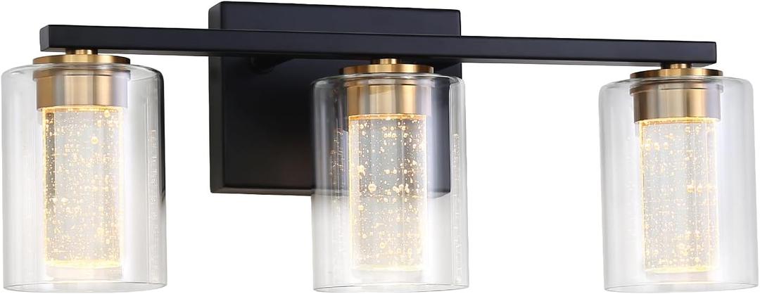 3-Light Black Bathroom Light Fixture, Dimmable 5CCT Black and Gold Bathroom Vanity Lights, 2700K to 6500K Modern Crystal Bubble LED Wall Sconce Over Mirror with Clear Glass