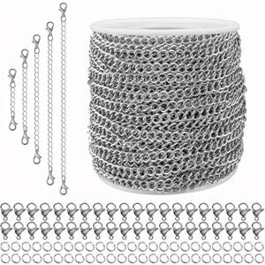 55ft Silver Stainless Steel Curb Chain for Jewelry Making, Twist Link Chain for Bracelet,Jewelry Chain with 100 Pcs Jump Rings and Lobster Clasps for DIY Necklace Hanging,Dog Tag,Keychain(4x3x0.8mm)