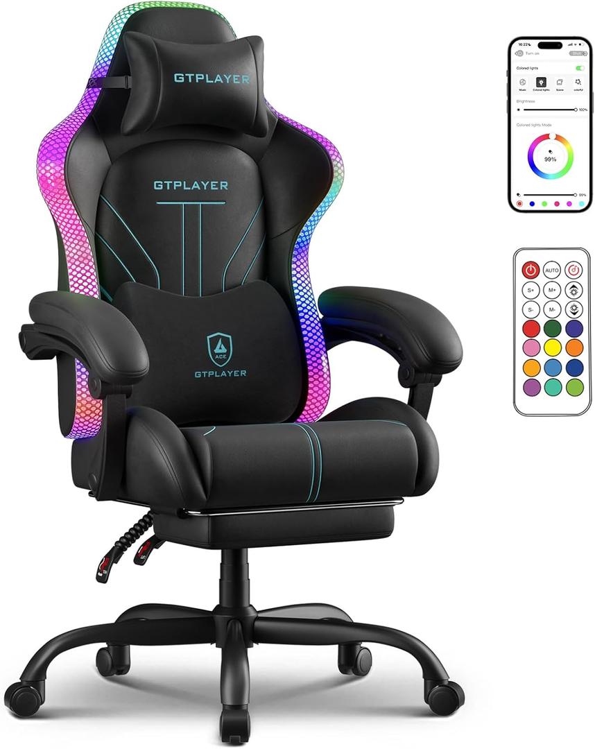 GTPLAYER Gaming Chair, Computer Chair with RGB LED Lights, High Back Ergonomic Chair for Adults with Footrest, Reclining Office Chairs, Linkage Armrest, Blue