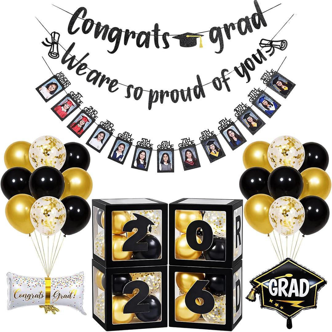62 Pcs Graduation Party Decorations Set K-12th Grade Graduation Photo Banner Glitter Banner Balloons Grad Box for 2026 Graduate Party Decor Backdrop Supplies