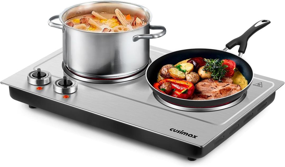Hot Plate,Cusimax Dual Infrared Burner, Electric Ceramic Glass Stove,Adjustable Temperature Control,Stainless Steel,Compatible of all Cookware,Easy Clean for Home, Dorm, Office (Bright Silver)
