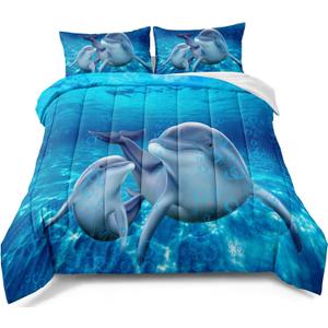 BDUCOK Dolphin Bedding Set - Cute Dolphin Jumping Blue Ocean Animal Themed Comforter Set for Kids Boys Girls - Twin Size - 1 Comforter with 1 Pillowcases